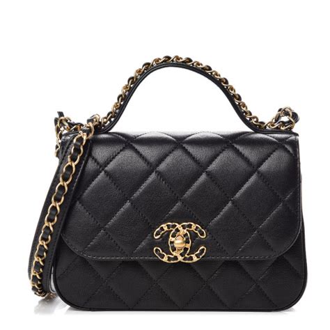 Chanel Lambskin Quilted Chain Infinity Top Handle Flap Black.